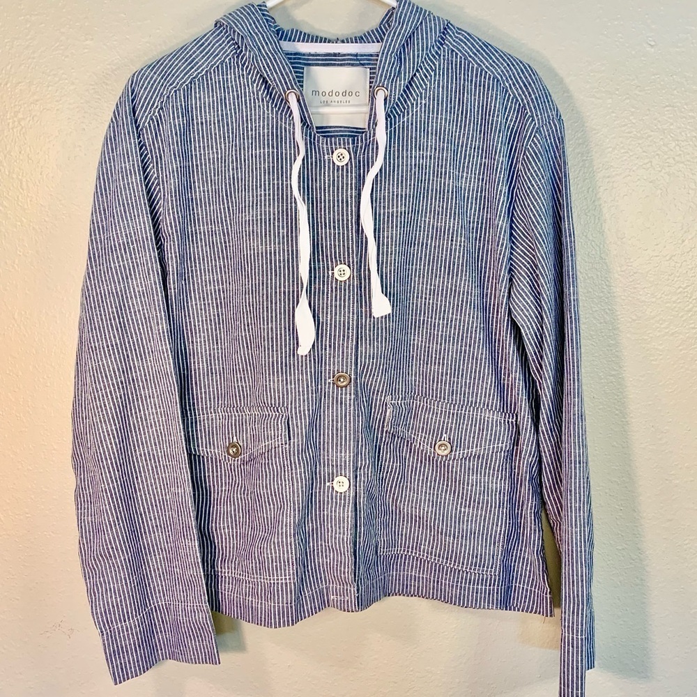 Mododoc Los Angeles Blue & White Stripe Denim Jacket - Size Medium